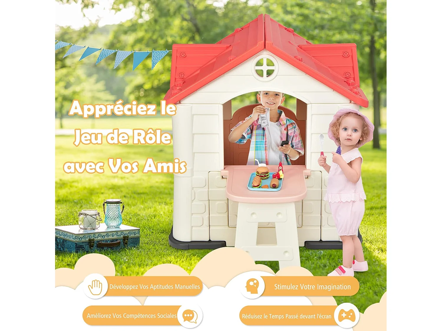 Cabane de Jardin pour Enfant - Table de Pique Nique, Maison Enfant Exterieur -Thème Burger Bar - en Plastique 164x124x132 cm, Rose