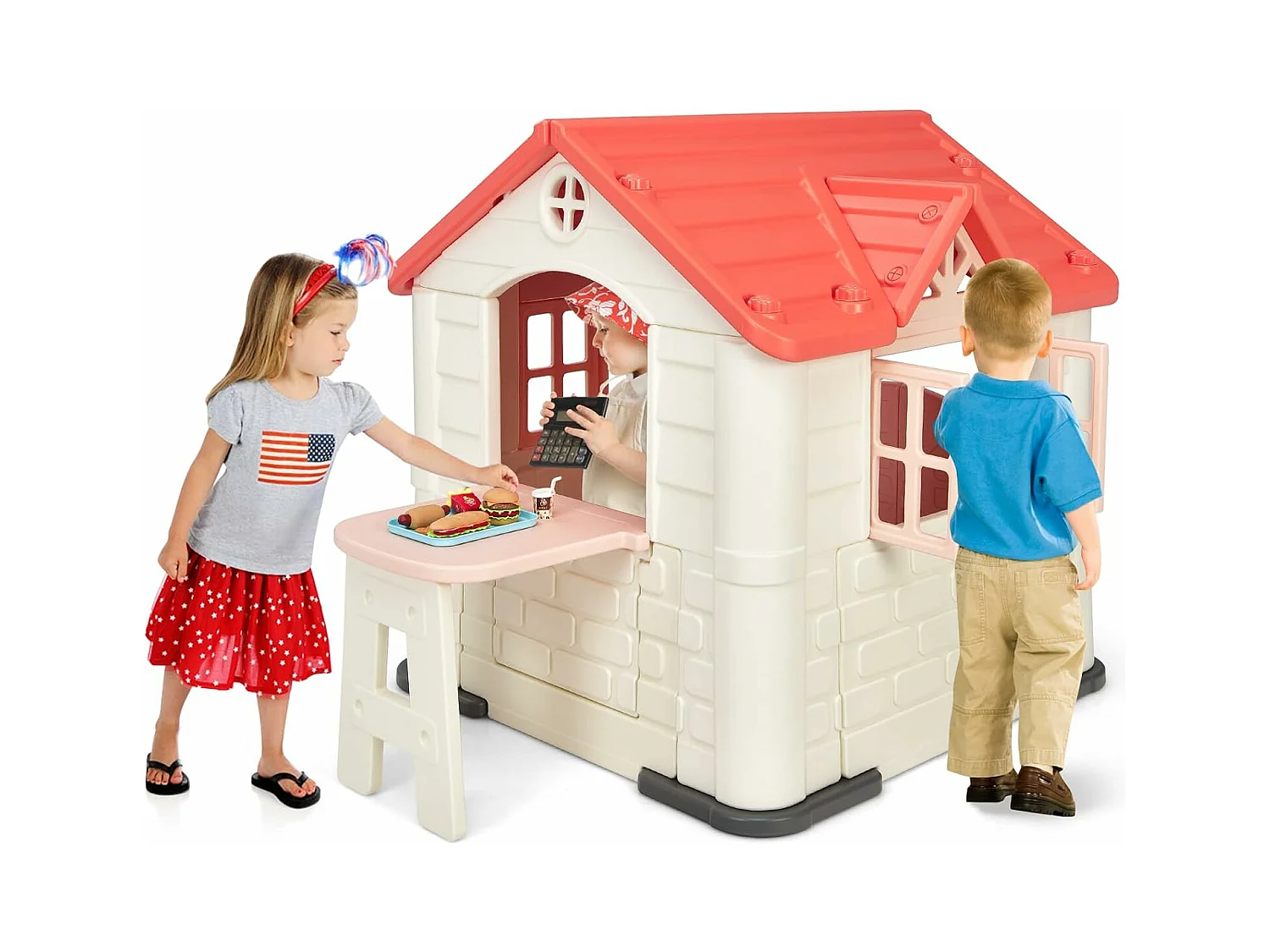 Cabane de Jardin pour Enfant - Table de Pique Nique, Maison Enfant Exterieur -Thème Burger Bar - en Plastique 164x124x132 cm, Rose
