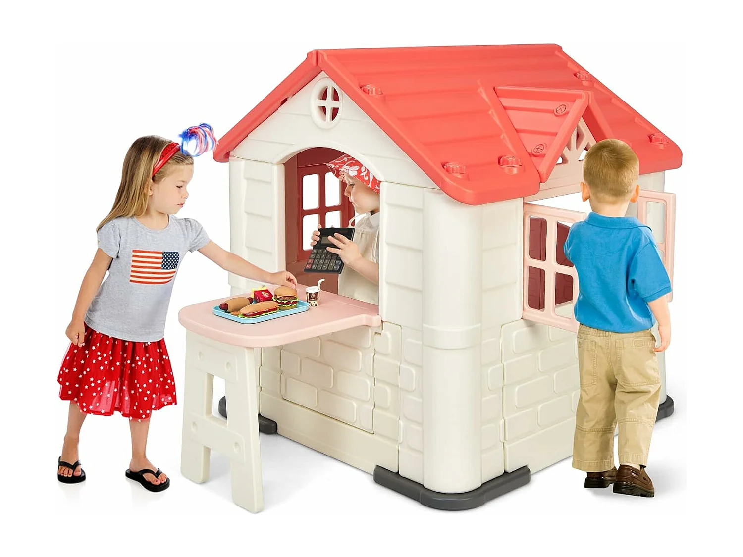 Cabane de Jardin pour Enfant - Table de Pique Nique, Maison Enfant Exterieur -Thème Burger Bar - en Plastique 164x124x132 cm, Rose