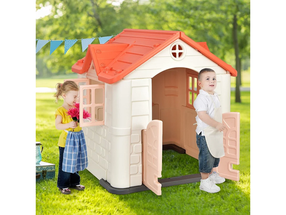 Cabane de Jardin pour Enfant - Table de Pique Nique, Maison Enfant Exterieur -Thème Burger Bar - en Plastique 164x124x132 cm, Rose