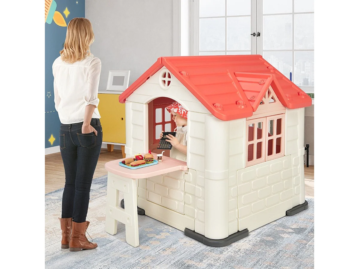Cabane de Jardin pour Enfant - Table de Pique Nique, Maison Enfant Exterieur -Thème Burger Bar - en Plastique 164x124x132 cm, Rose
