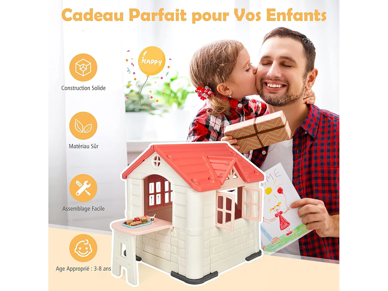 Cabane de Jardin pour Enfant - Table de Pique Nique, Maison Enfant Exterieur -Thème Burger Bar - en Plastique 164x124x132 cm, Rose