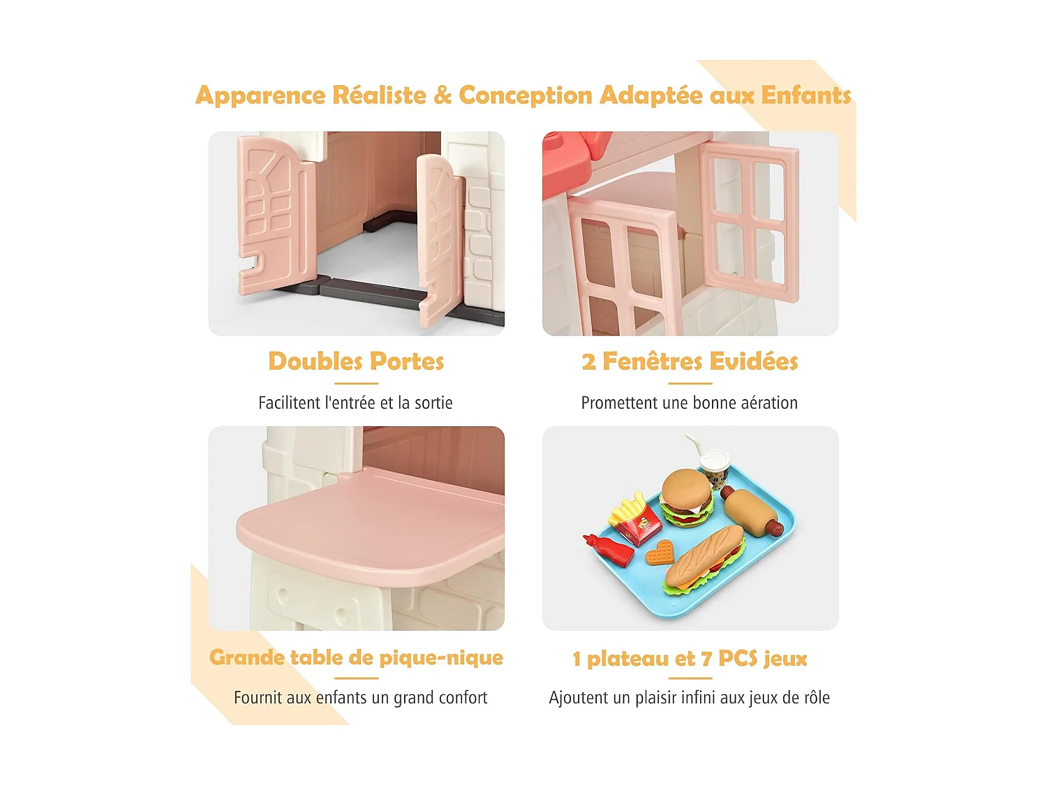 Cabane de Jardin pour Enfant - Table de Pique Nique, Maison Enfant Exterieur -Thème Burger Bar - en Plastique 164x124x132 cm, Rose