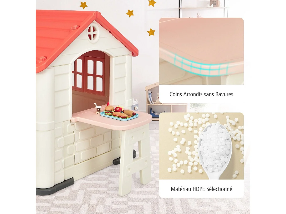 Cabane de Jardin pour Enfant - Table de Pique Nique, Maison Enfant Exterieur -Thème Burger Bar - en Plastique 164x124x132 cm, Rose