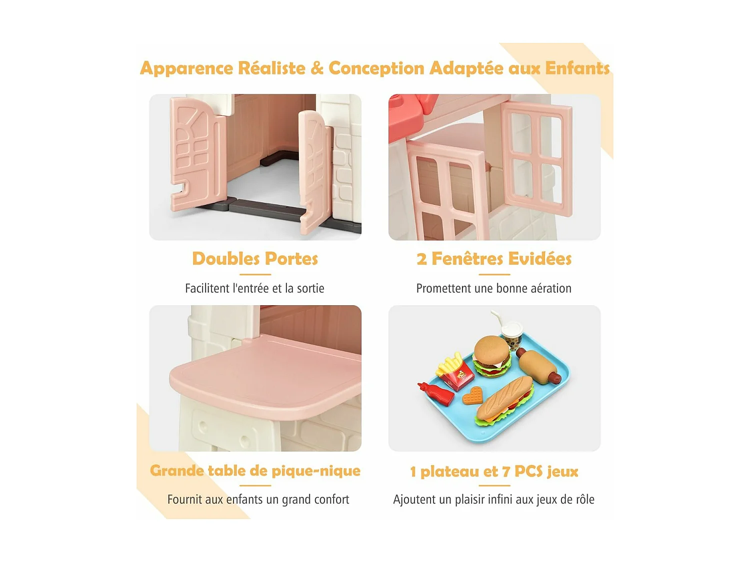 Cabane de Jardin pour Enfant - Table de Pique Nique, Maison Enfant Exterieur -Thème Burger Bar - en Plastique 164x124x132 cm, Rose