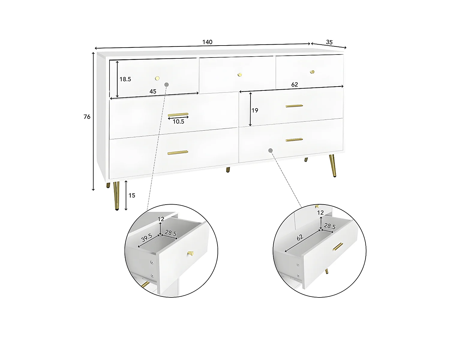 Laag dressoir - 7 lades - spaanplaat - Wit