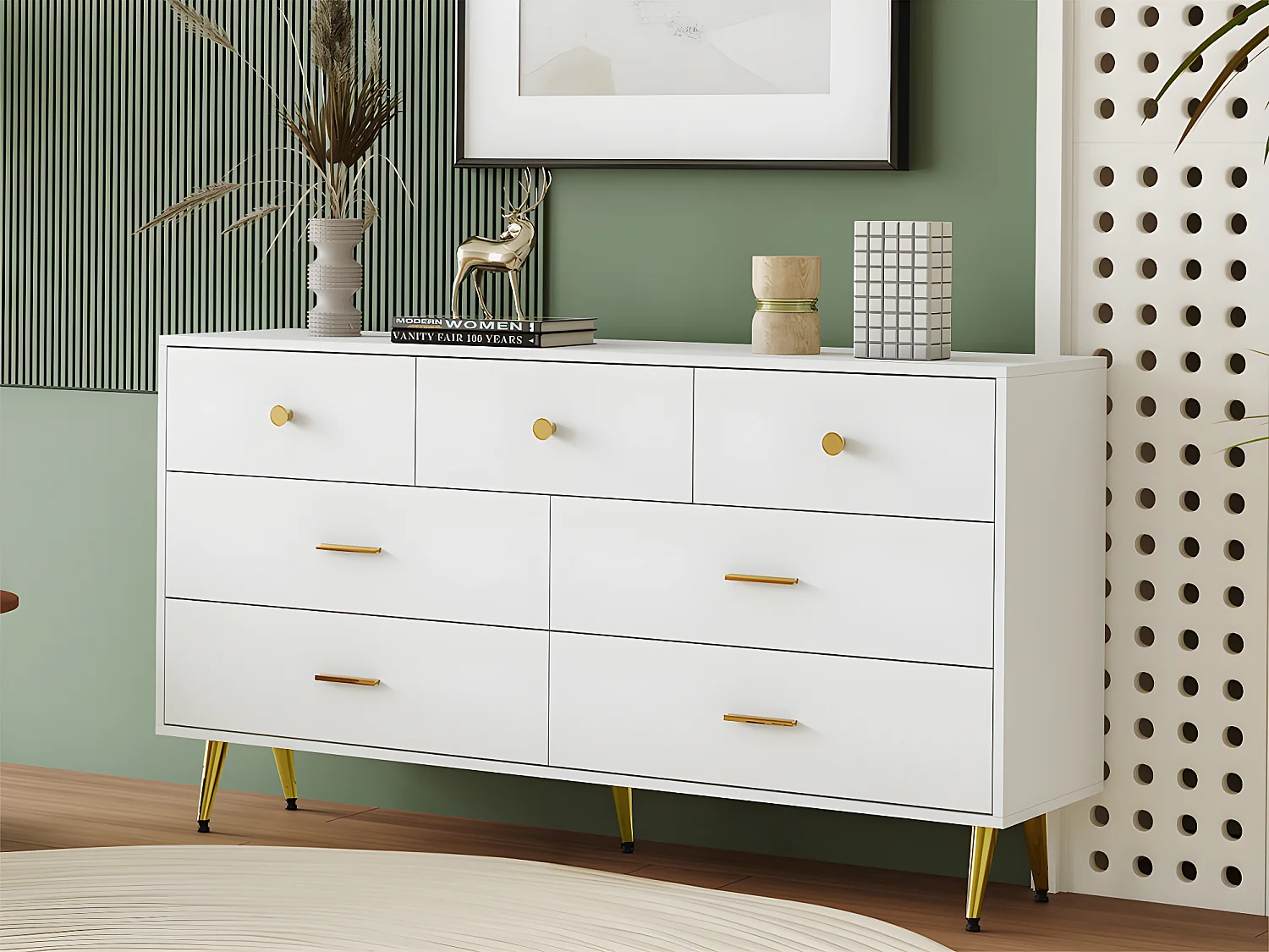 Credenza bassa - 7 cassetti - pannelli di particelle - Bianco