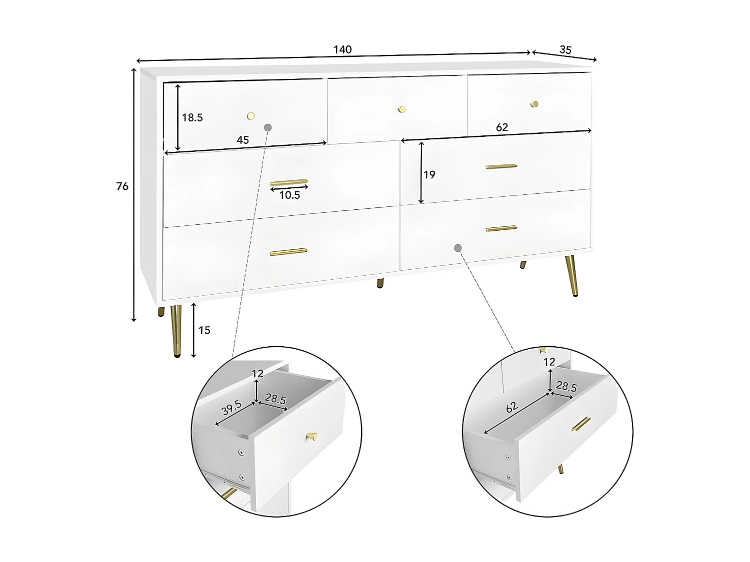 Credenza bassa - 7 cassetti - pannelli di particelle - Bianco