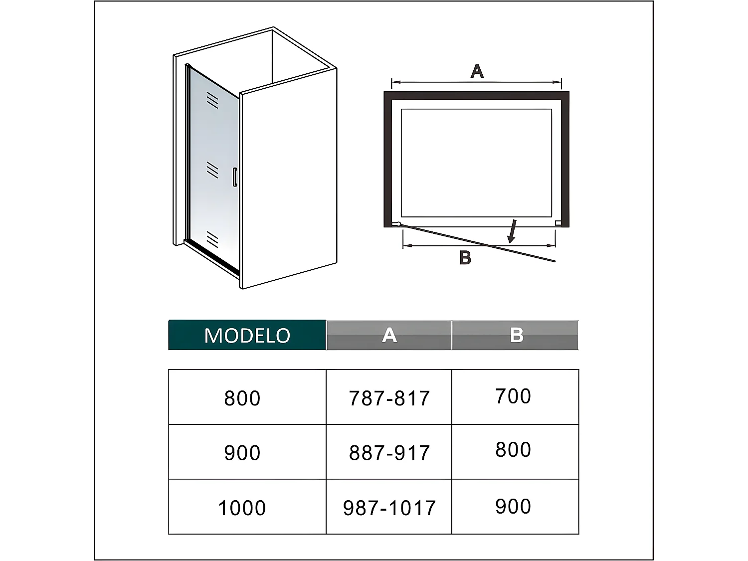 Porta de duche Bater Perfil preto mate Vidro Anticalcário 8mm (987-1017)x2000mm-AICA