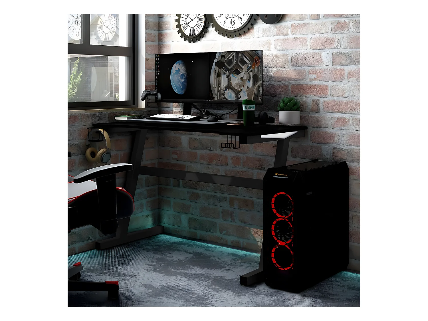 Bureau de jeu à LED avec pieds en forme de Z Noir 90x60x75 cm