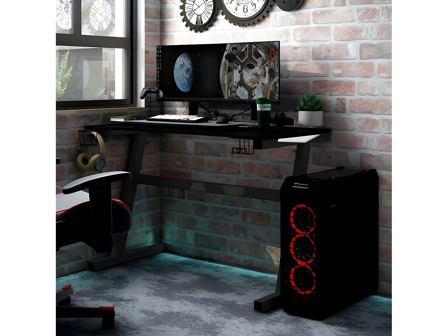 Bureau de jeu à LED avec pieds en forme de Z Noir 90x60x75 cm