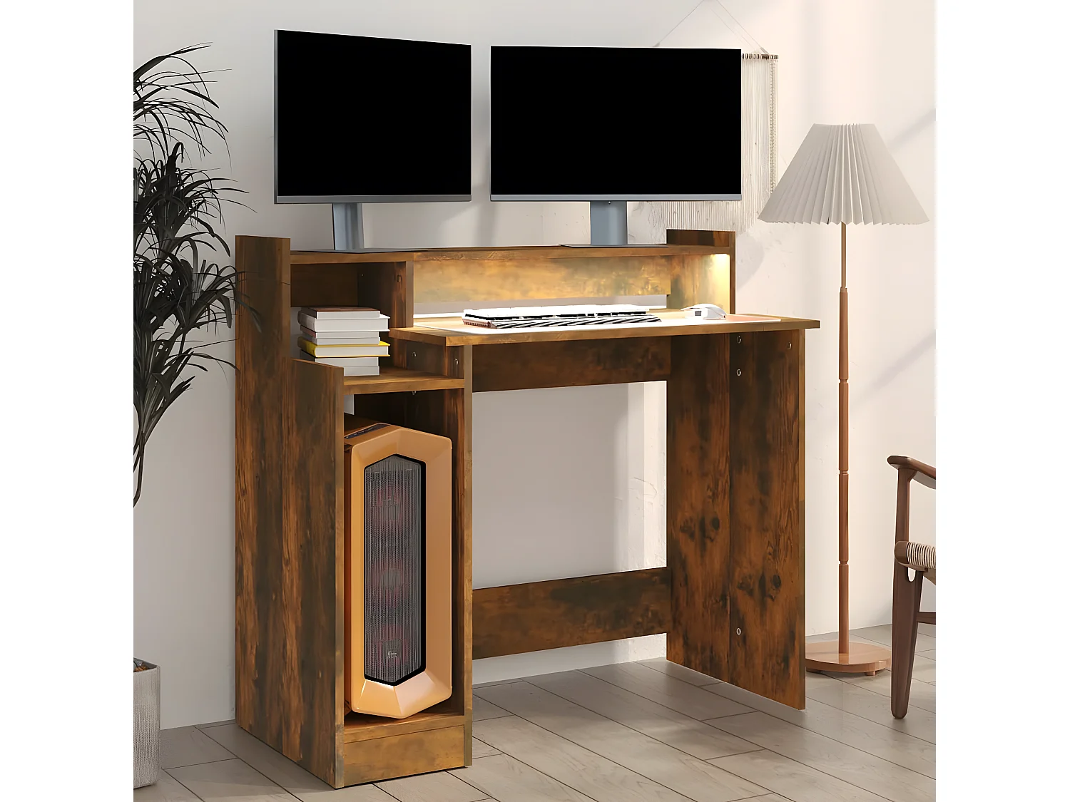 Escritorio con LED madera ingeniería roble ahumado 97x45x90 cm