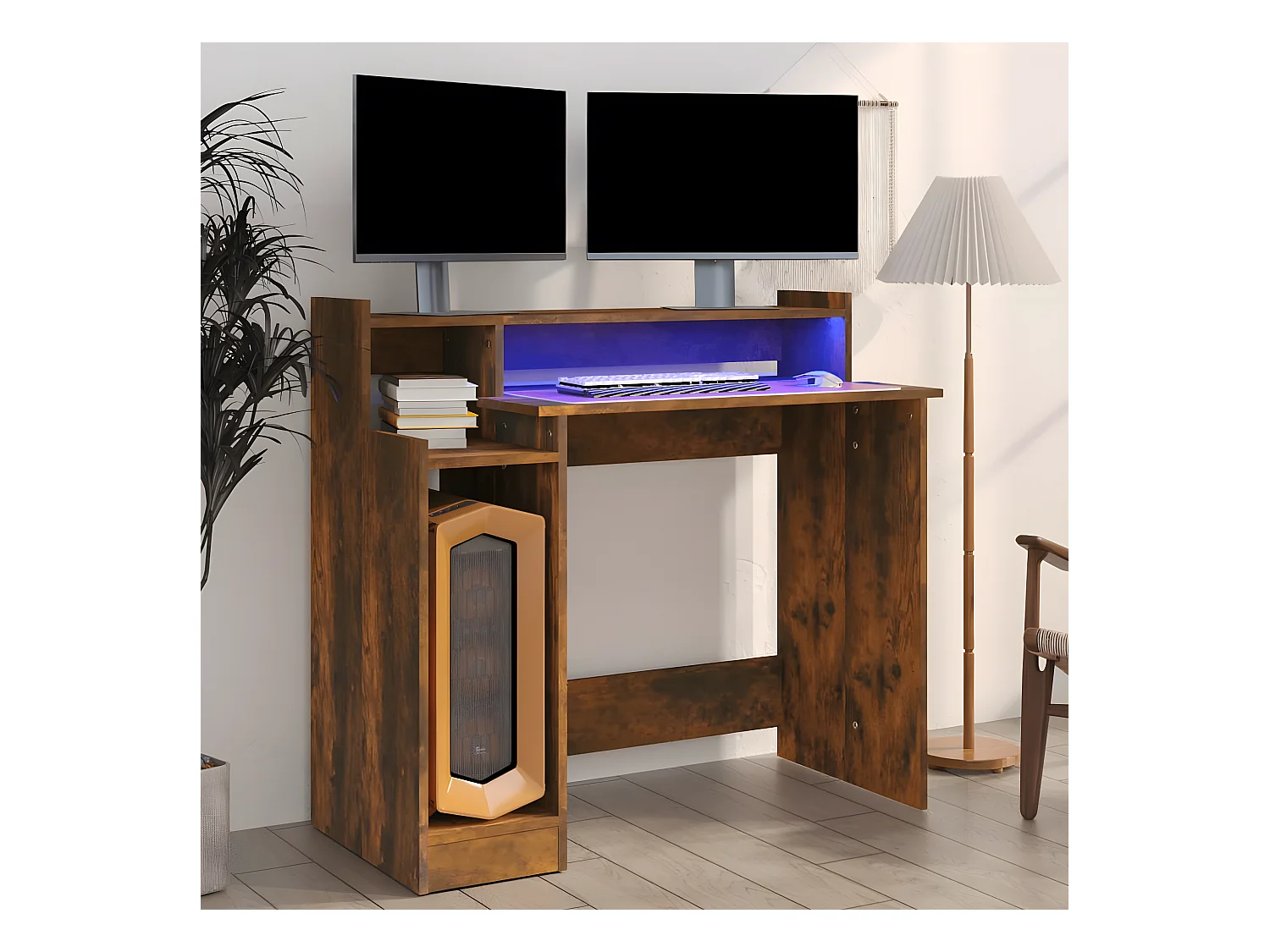 Bureau et lumières LED Chêne fumé 97x45x90 cm Bois d'ingénierie