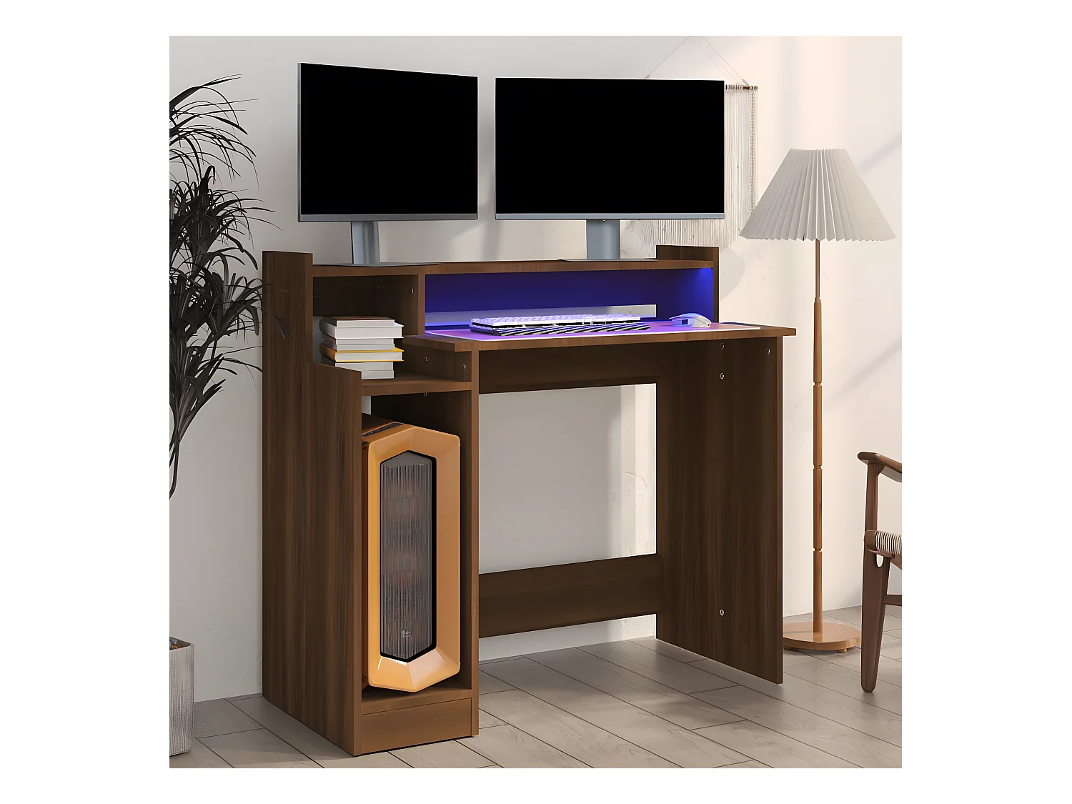 Bureau et lumières LED Chêne brun 97x45x90 cm Bois d'ingénierie