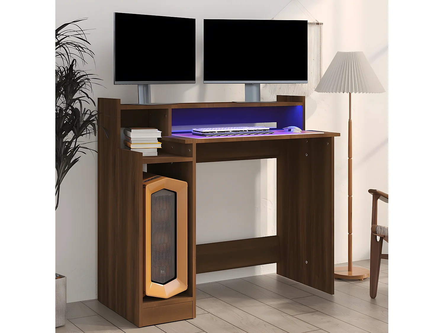 Bureau et lumières LED Chêne brun 97x45x90 cm Bois d'ingénierie