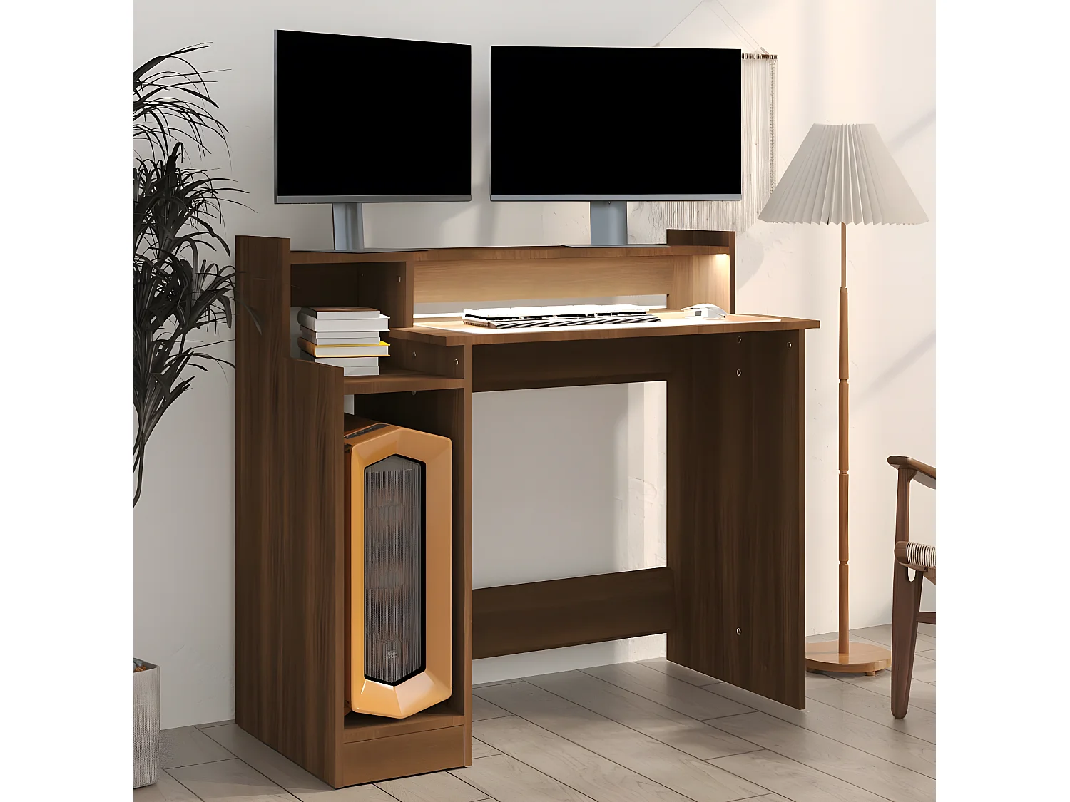 Bureau et lumières LED Chêne brun 97x45x90 cm Bois d'ingénierie