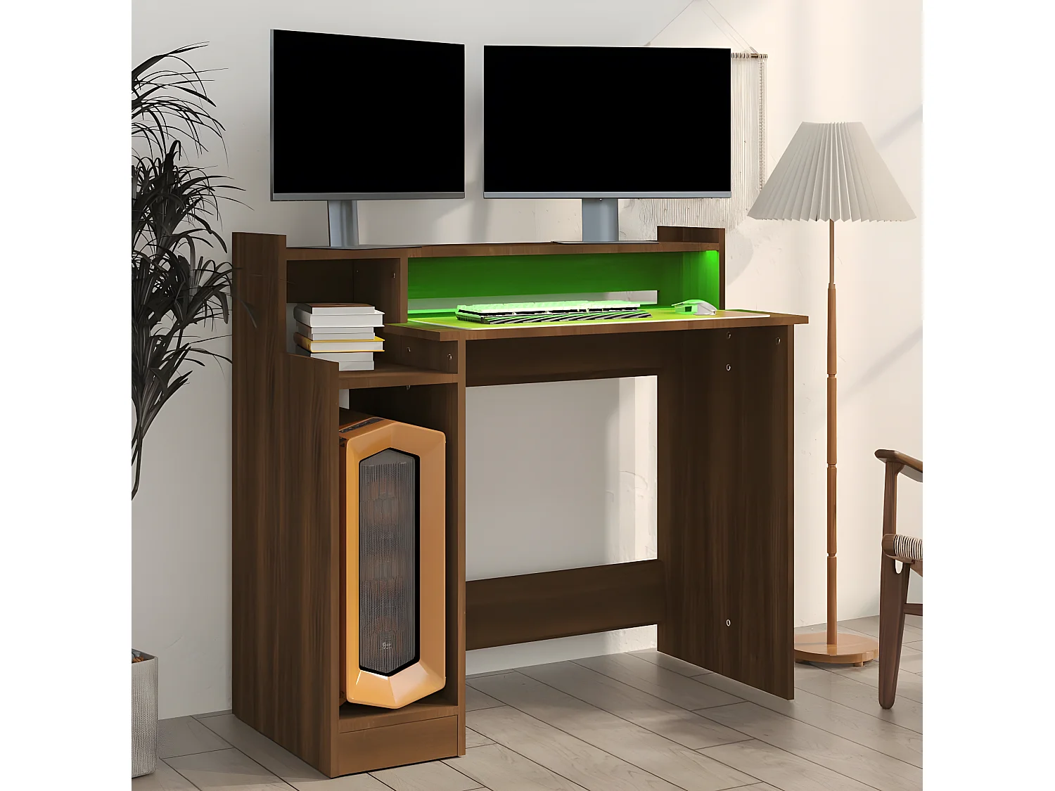 Bureau et lumières LED Chêne brun 97x45x90 cm Bois d'ingénierie