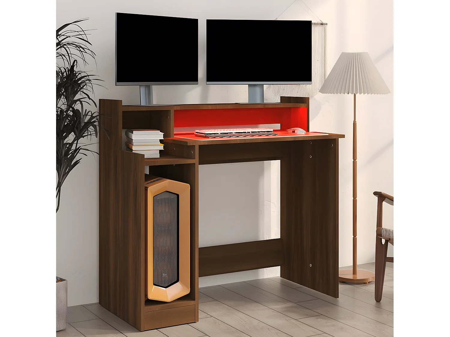 Bureau et lumières LED Chêne brun 97x45x90 cm Bois d'ingénierie