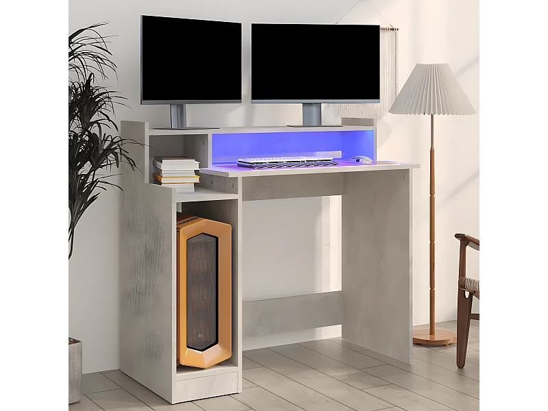 Bureau et lumières LED Gris béton 97x45x90 cm Bois d'ingénierie