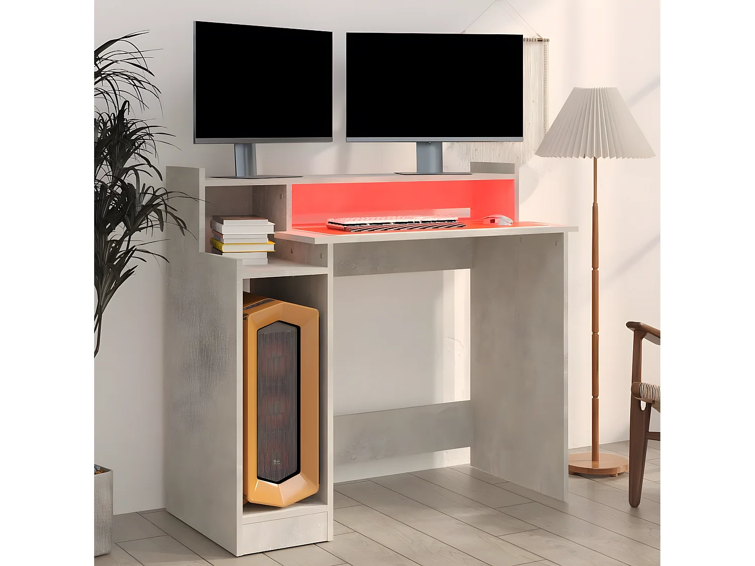 Escritorio LED madera contrachapada gris hormigón 97x45x90 cm