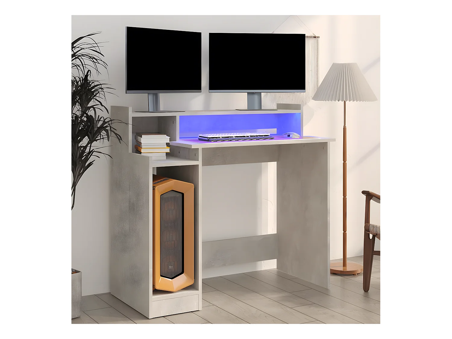 Bureau et lumières LED Gris béton 97x45x90 cm Bois d'ingénierie
