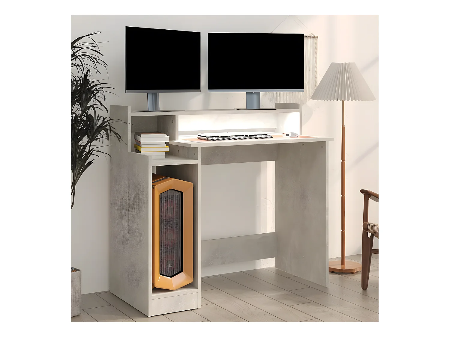Bureau met LED-verlichting 97x45x90 cm bewerkt hout betongrijs