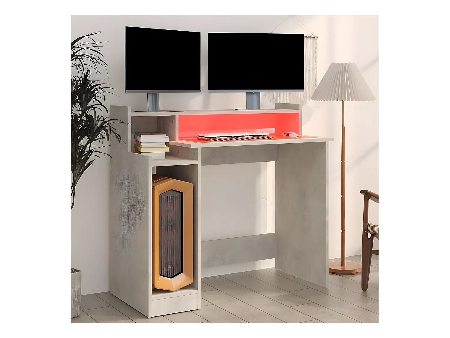 Bureau met LED-verlichting 97x45x90 cm bewerkt hout betongrijs