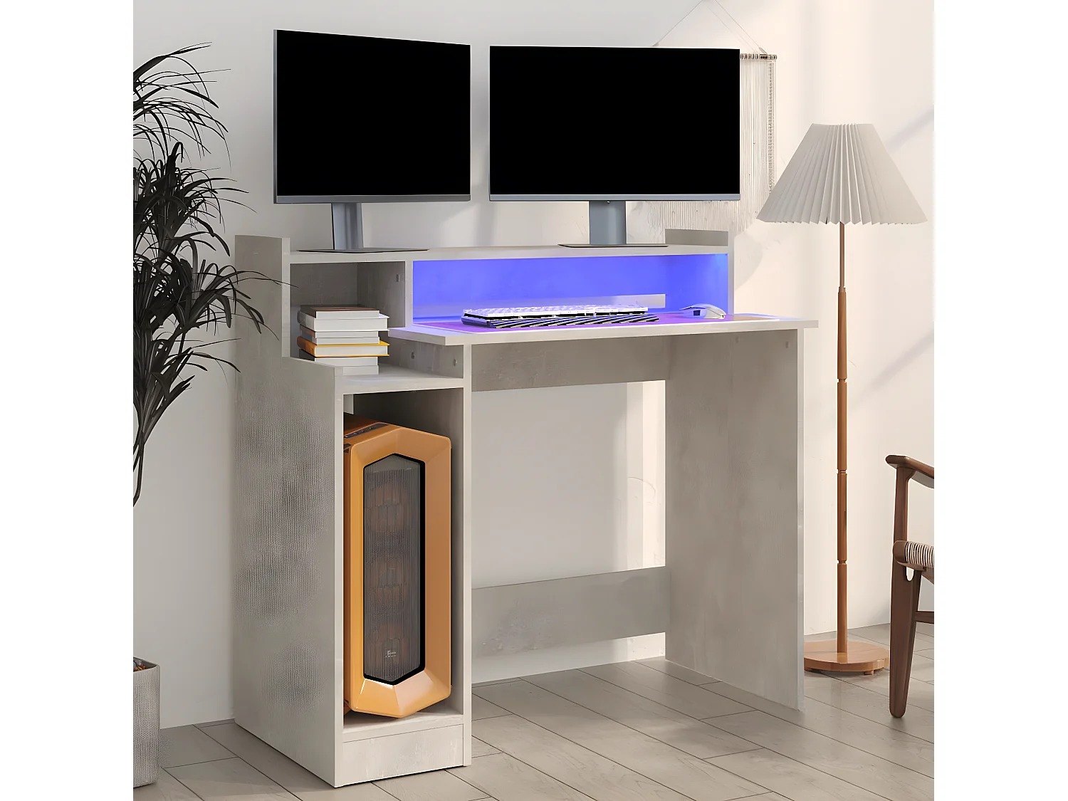 Bureau et lumières LED Gris béton 97x45x90 cm Bois d'ingénierie