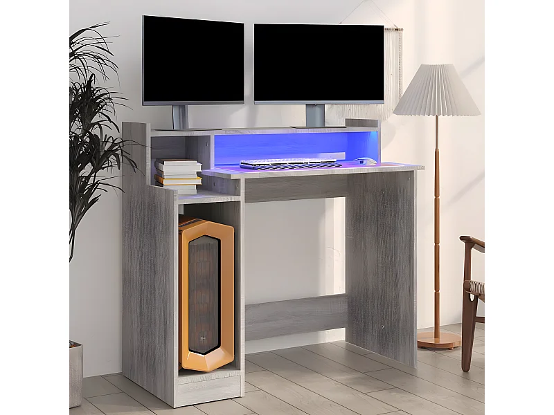 Bureau et lumières LED Sonoma gris 97x45x90cm Bois d'ingénierie