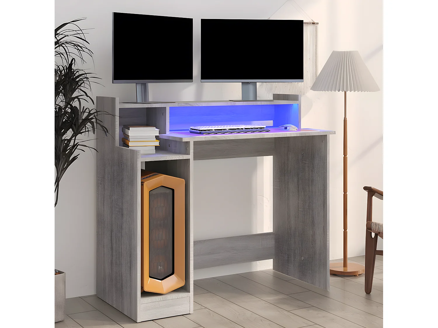 Bureau et lumières LED Sonoma gris 97x45x90cm Bois d'ingénierie