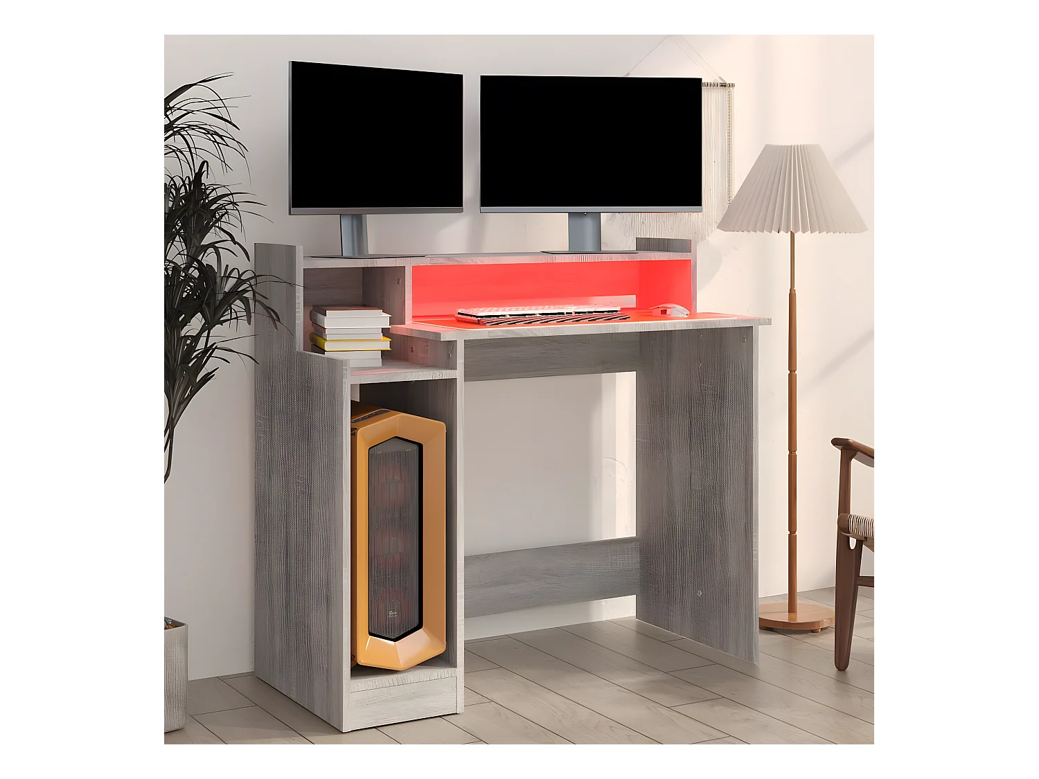 Bureau et lumières LED Sonoma gris 97x45x90cm Bois d'ingénierie