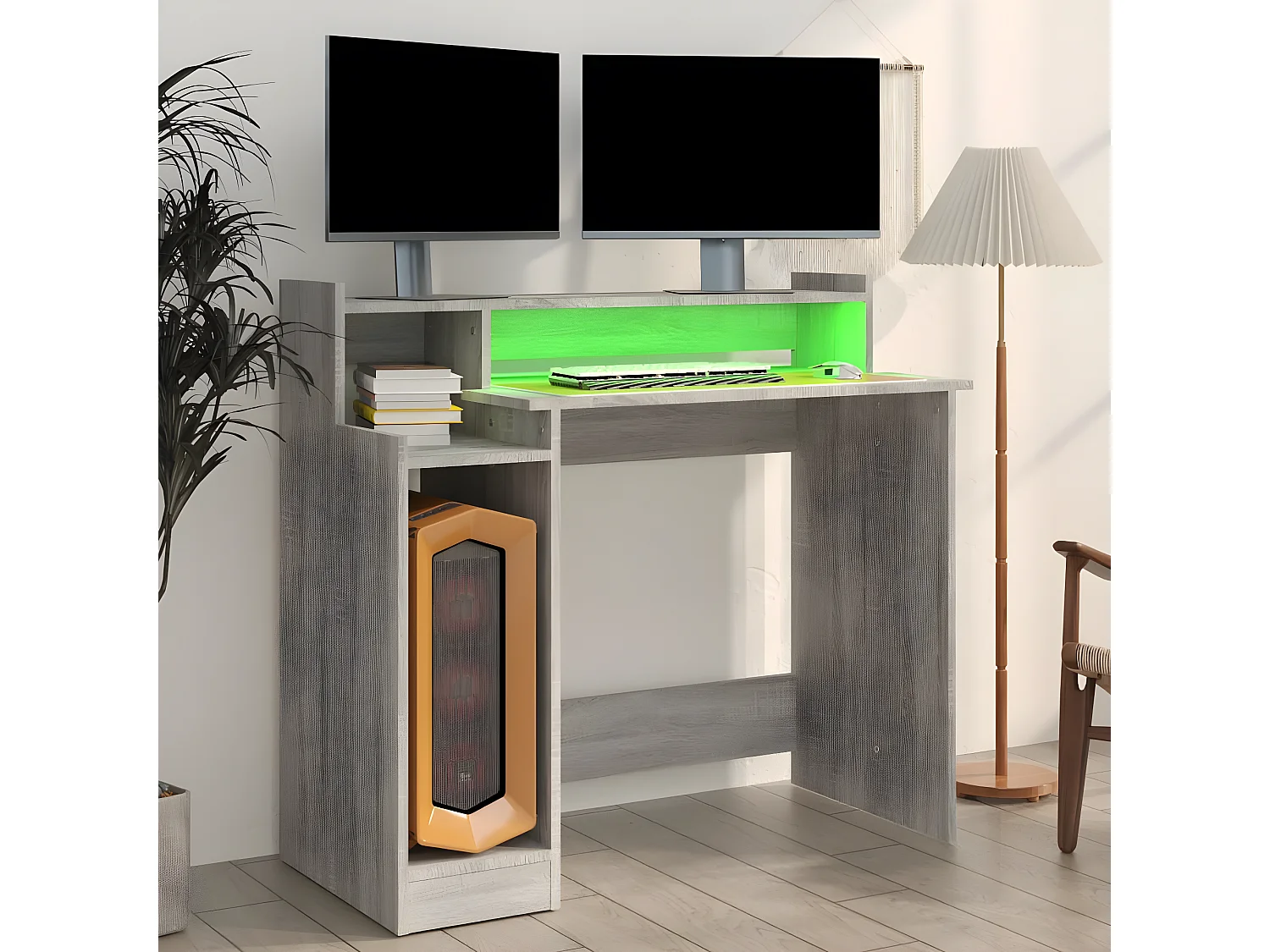 Bureau et lumières LED Sonoma gris 97x45x90cm Bois d'ingénierie