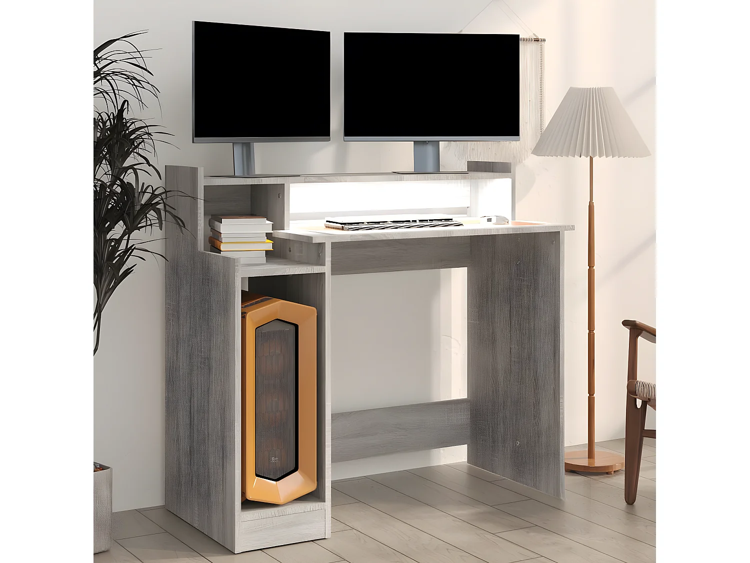 Bureau et lumières LED Sonoma gris 97x45x90cm Bois d'ingénierie