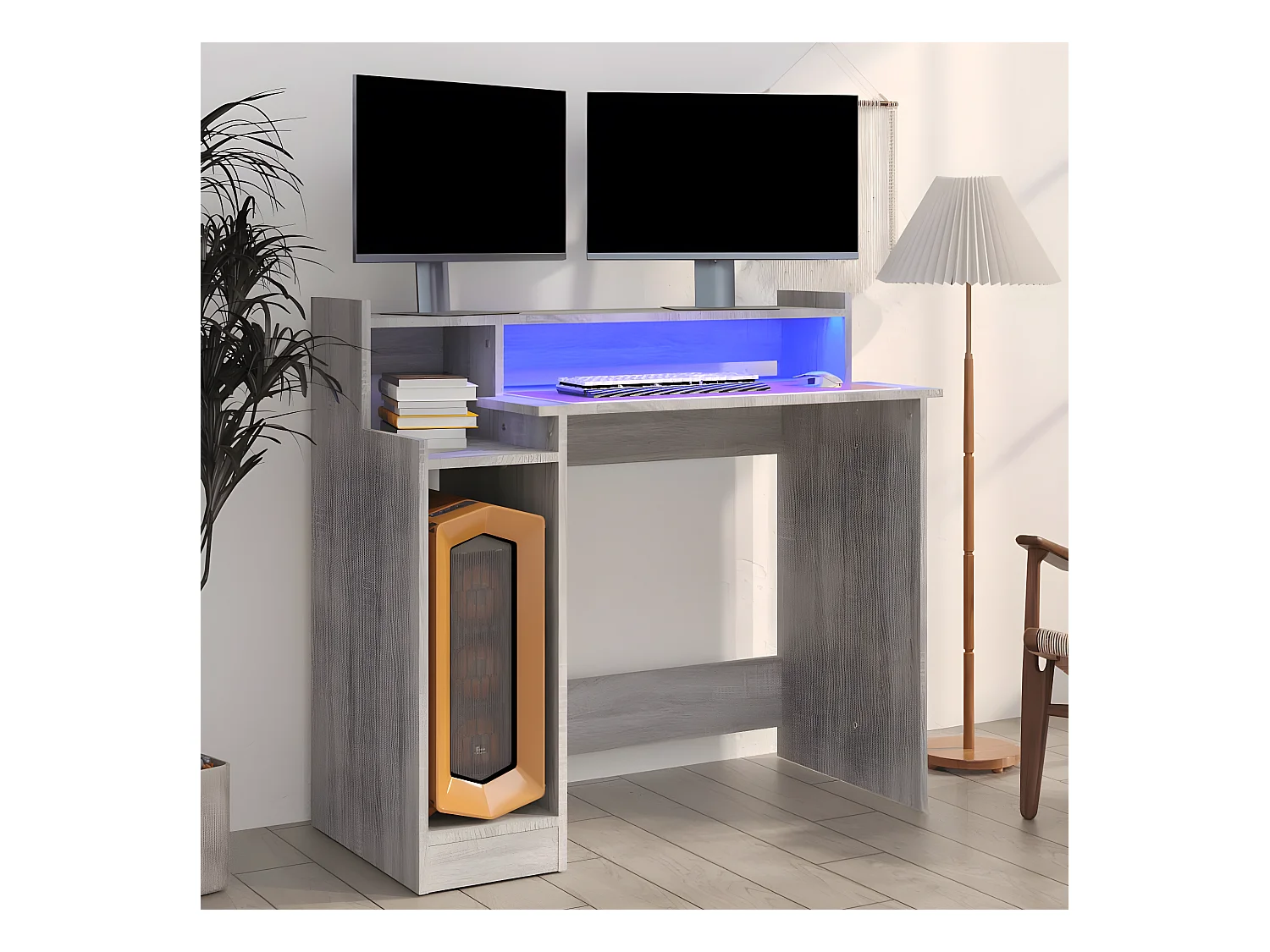 Bureau et lumières LED Sonoma gris 97x45x90cm Bois d'ingénierie