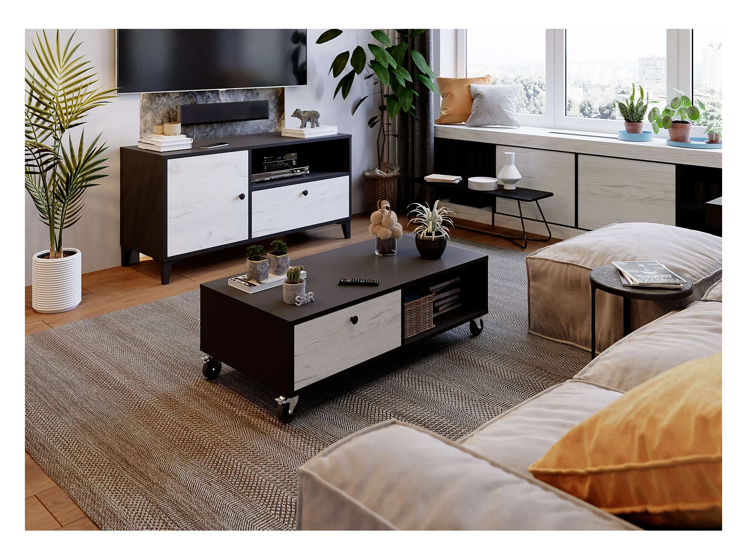 Table basse LISA avec roulettes 110x55x38 noir et blanc TALESA