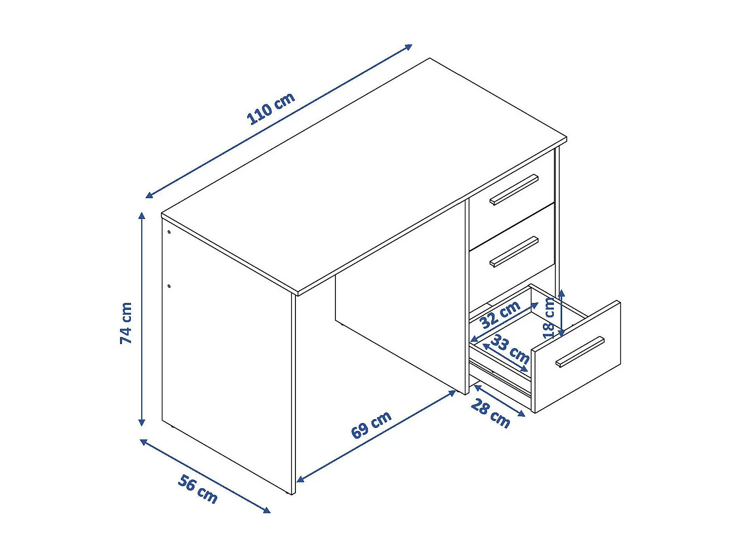 Bureau SAME 3 tiroirs 110x56x74 cm chêne gris cendré TALESA
