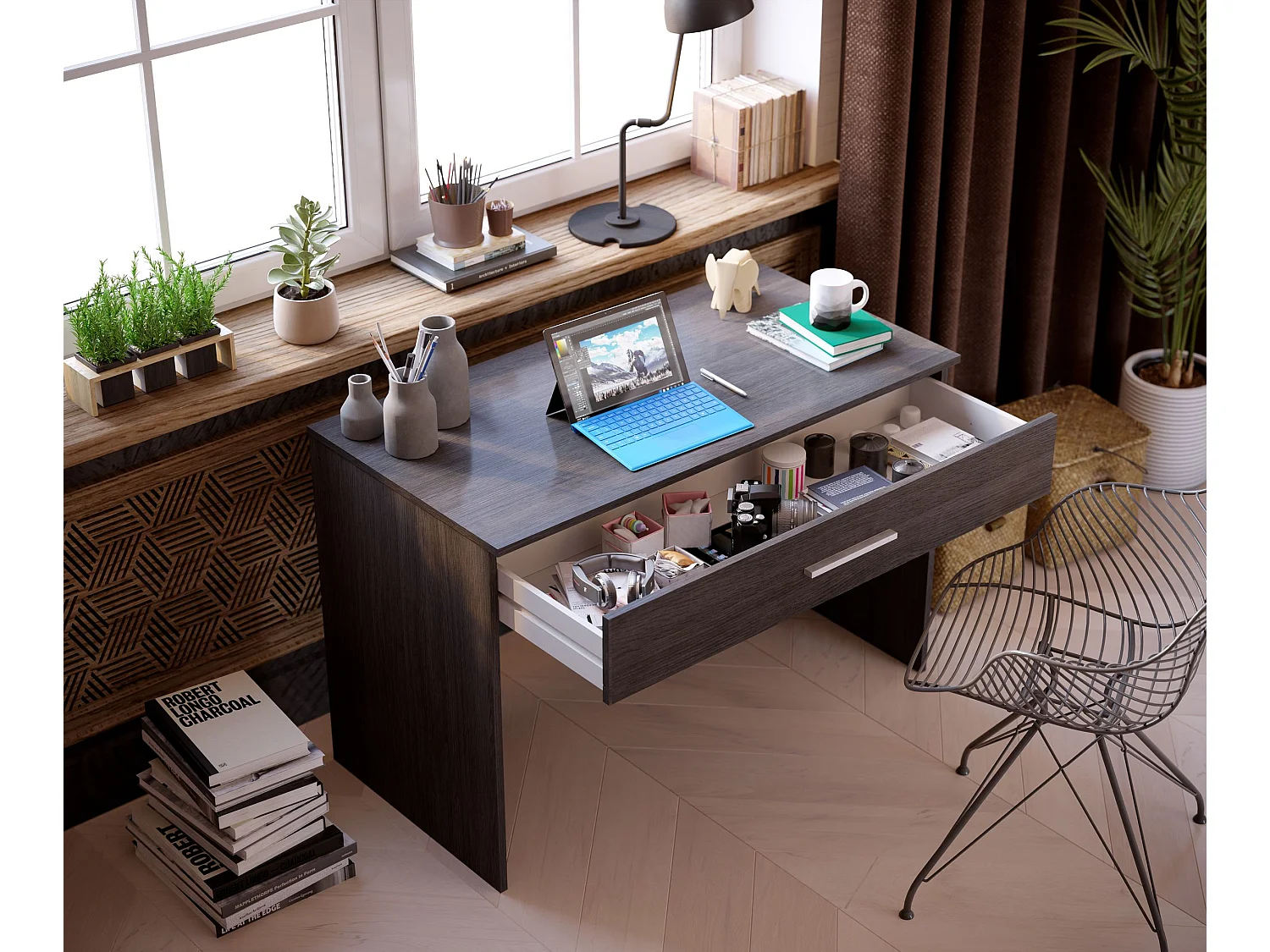 Bureau SAME 1 grand tiroir 110x56x81 cm chêne gris cendré TALESA