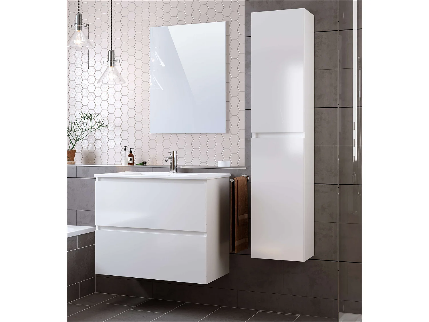 Meuble de salle de bain CIMS 2 tiroirs 80 cm blanc T-BATH Inclus lavabo et miroir