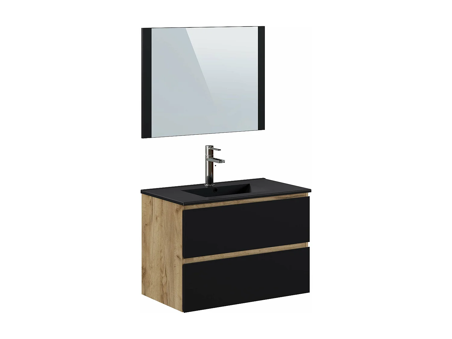 Meuble de salle de bain NELI 2 tiroirs 80 cm chêne et noir T-BATH Inclus lavabo, miroir et applique LED