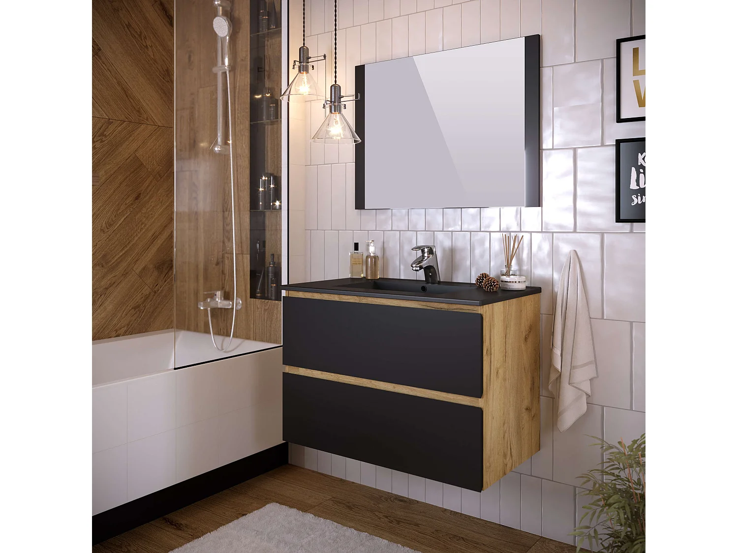 Meuble de salle de bain NELI 2 tiroirs 80 cm chêne et noir T-BATH Inclus lavabo, miroir et applique LED