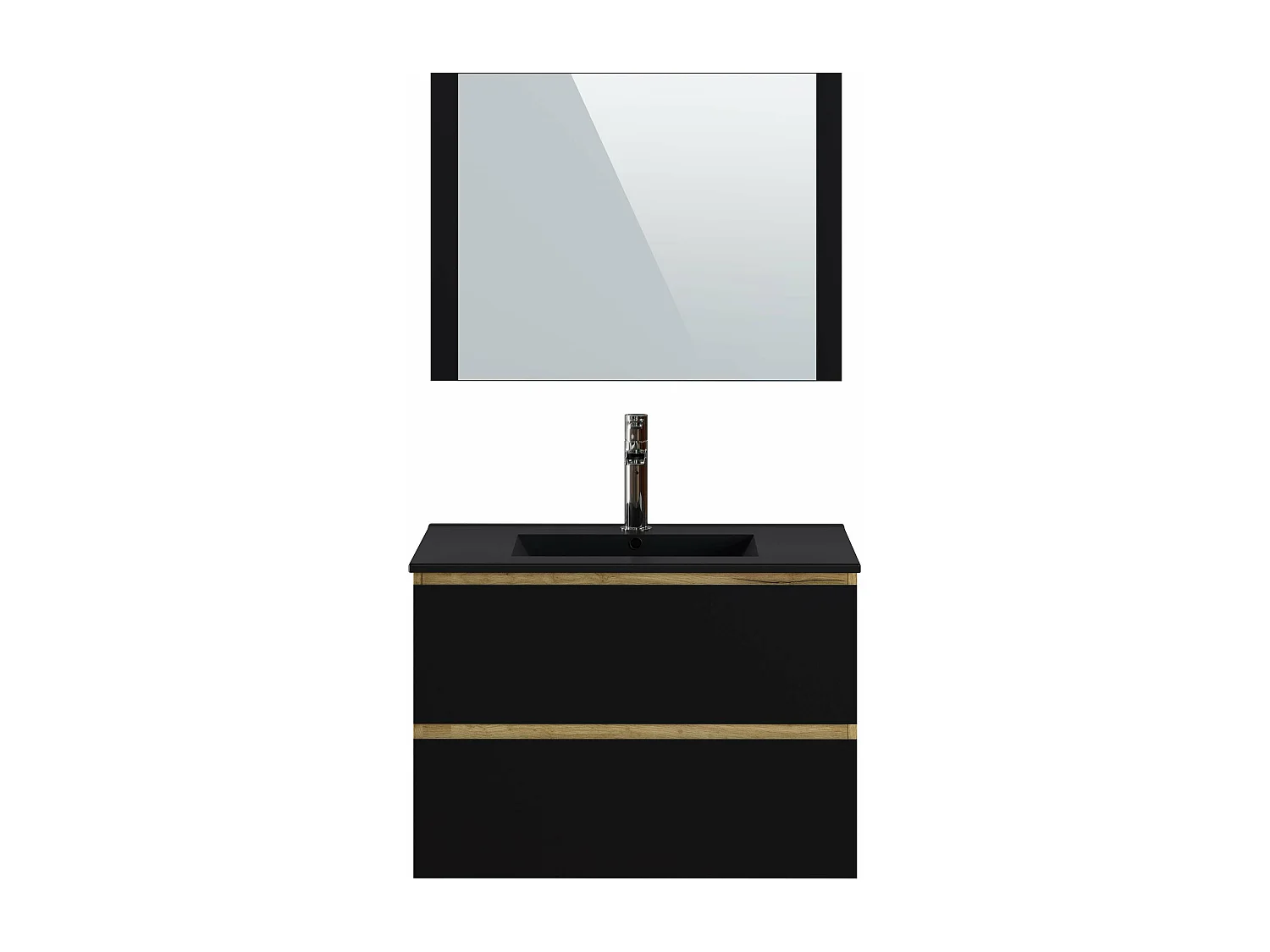 Meuble de salle de bain NELI 2 tiroirs 80 cm chêne et noir T-BATH Inclus lavabo, miroir et applique LED