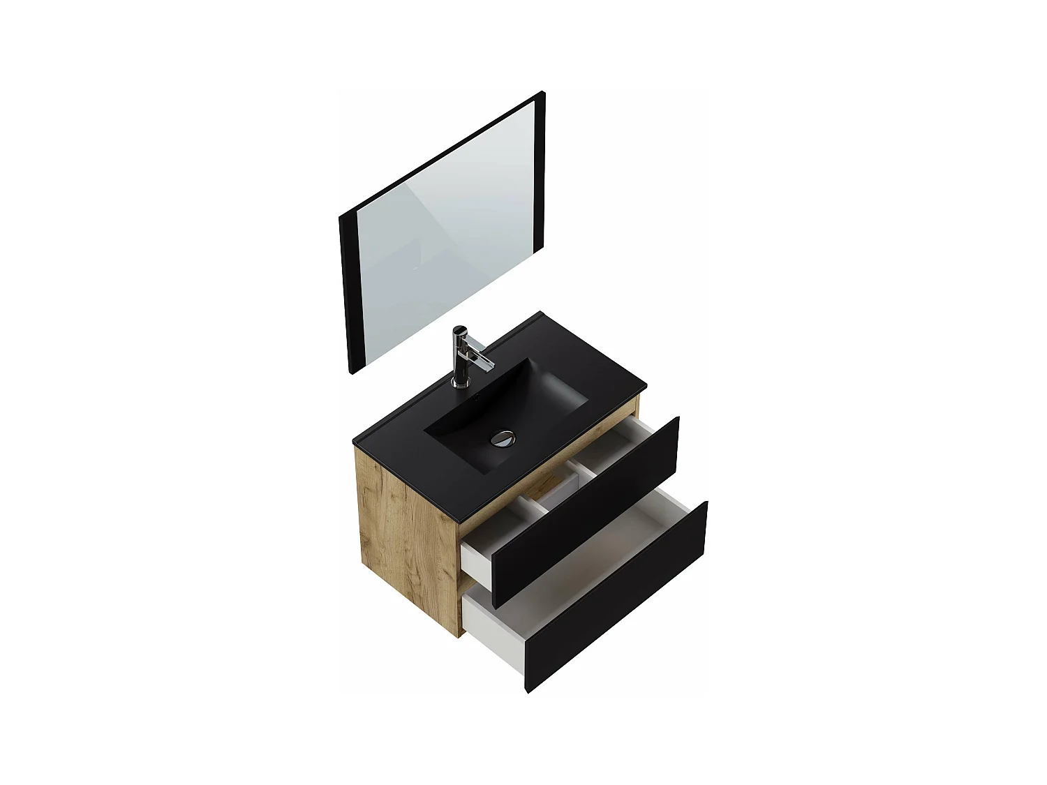 Meuble de salle de bain NELI 2 tiroirs 80 cm chêne et noir T-BATH Inclus lavabo, miroir et applique LED