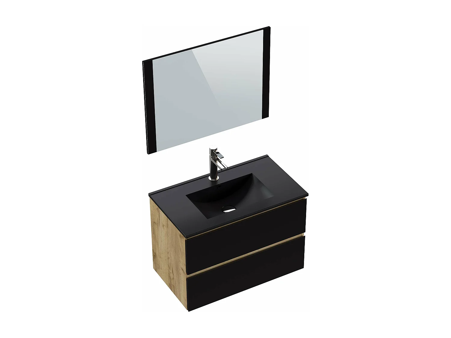 Meuble de salle de bain NELI 2 tiroirs 80 cm chêne et noir T-BATH Inclus lavabo, miroir et applique LED