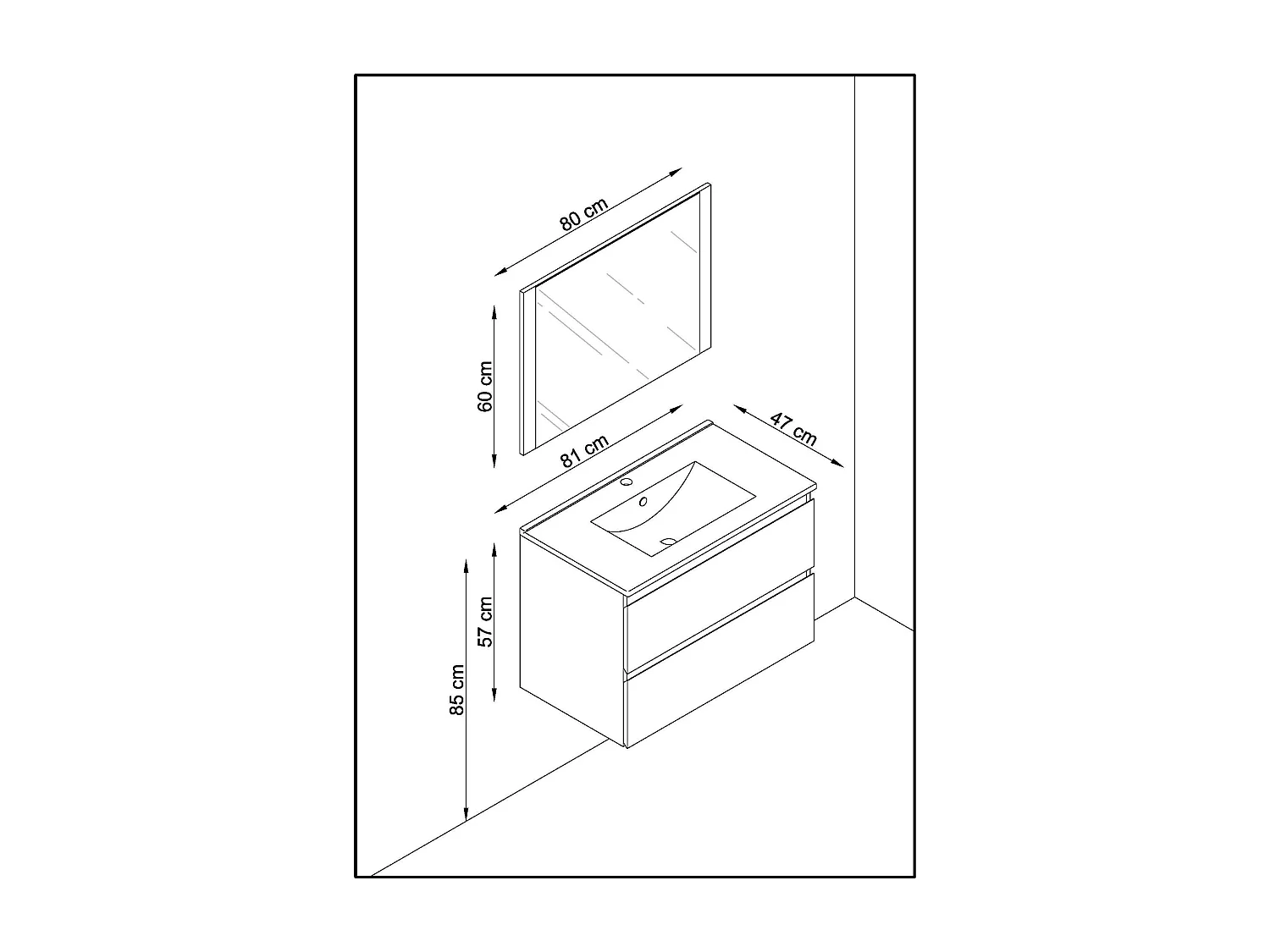 Meuble de salle de bain NELI 2 tiroirs 80 cm chêne et noir T-BATH Inclus lavabo, miroir et applique LED