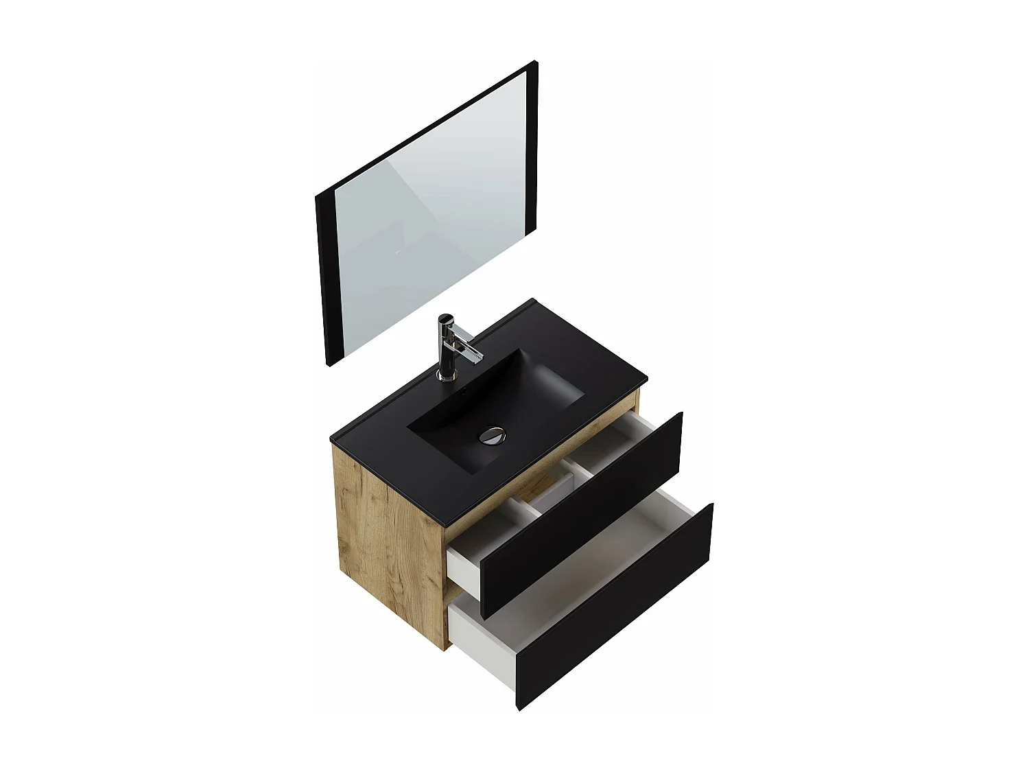 Meuble de salle de bain NELI 2 tiroirs 80 cm chêne et noir T-BATH Inclus lavabo, miroir et applique LED