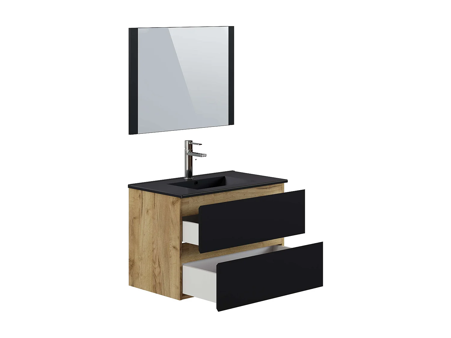 Meuble de salle de bain NELI 2 tiroirs 80 cm chêne et noir T-BATH Inclus lavabo, miroir et applique LED