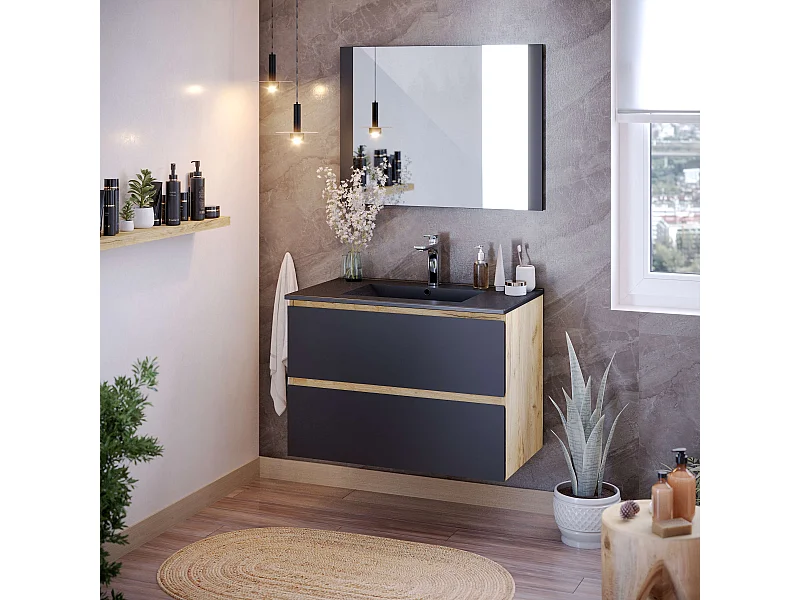 Meuble de salle de bain NELI 2 tiroirs 80 cm chêne et noir T-BATH Inclus lavabo, miroir et applique LED