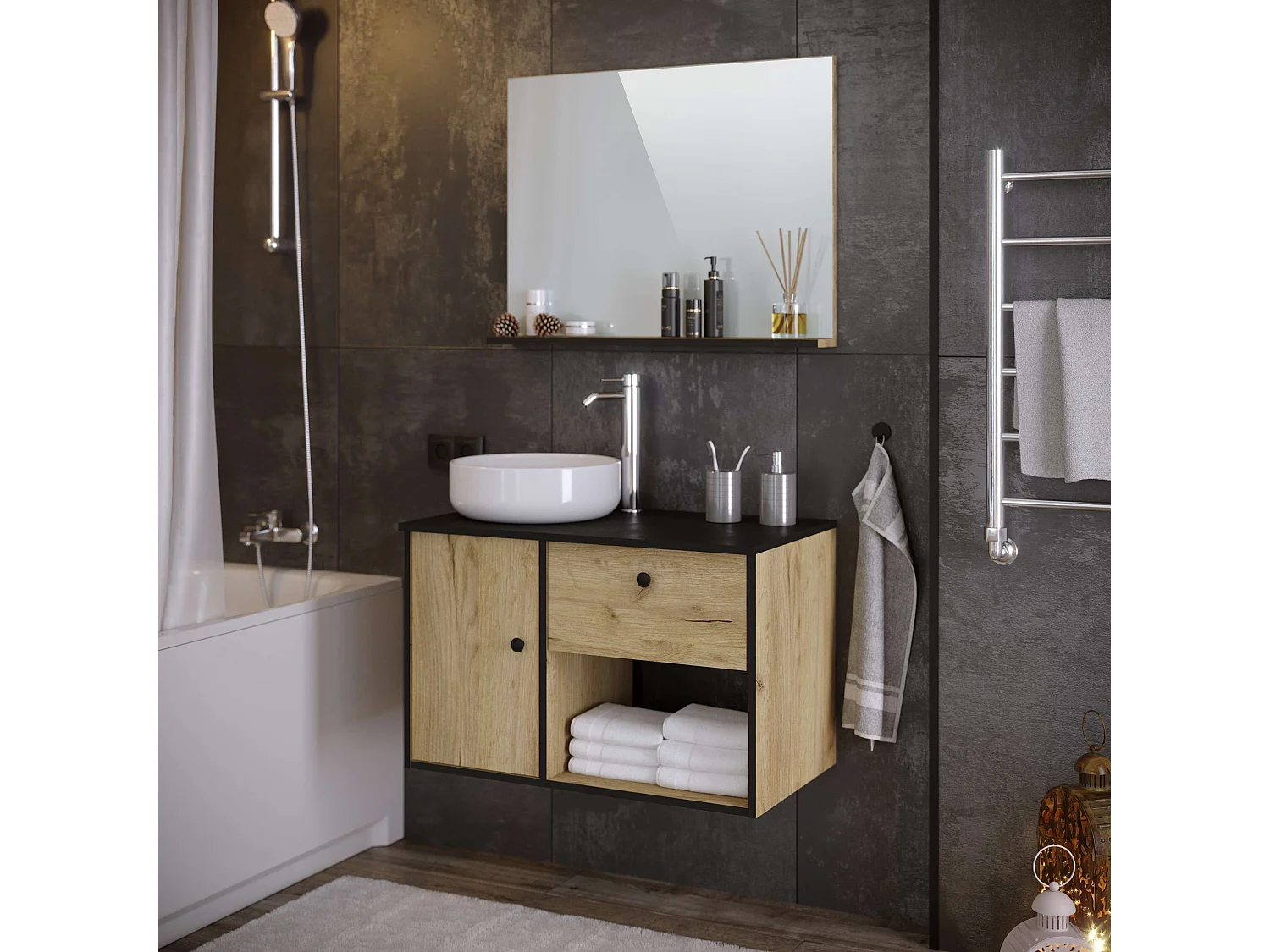 Meuble de salle de bain LARA 1 tiroir 1 porte 80 cm noir et chêne T-BATH Inclus lavabo et miroir