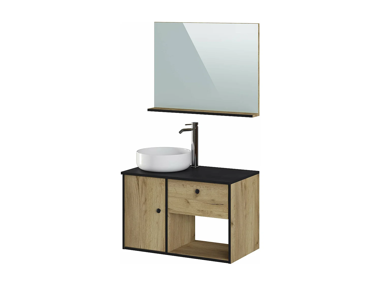 Meuble de salle de bain LARA 1 tiroir 1 porte 80 cm noir et chêne T-BATH Inclus lavabo et miroir
