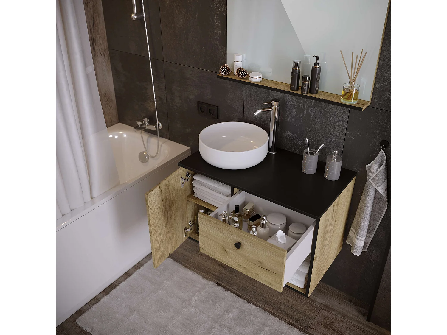 Meuble de salle de bain LARA 1 tiroir 1 porte 80 cm noir et chêne T-BATH Inclus lavabo et miroir